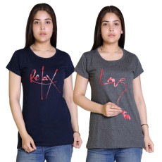 Women's Cotton Typography Print T-Shirt Buy 1 Get 1 Free